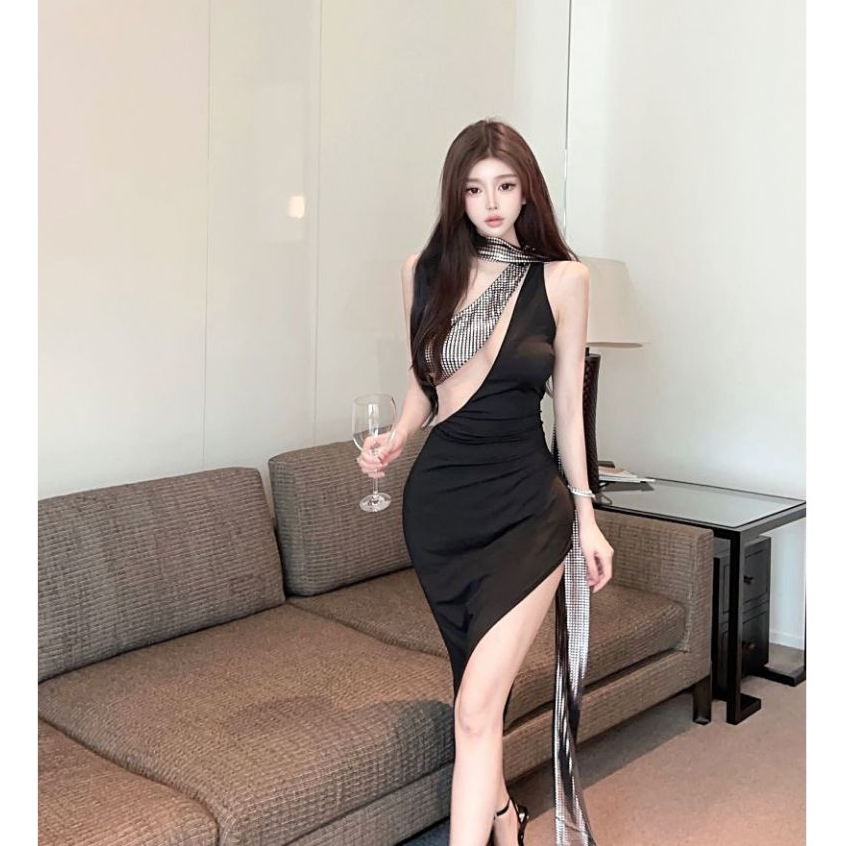 พร้อมส่ง ชุดเดรสยาว ชุดราตรี สีดำ สวย เซ็กซี่ แหวกข้าง แซ่บมาก งานนำเข้า