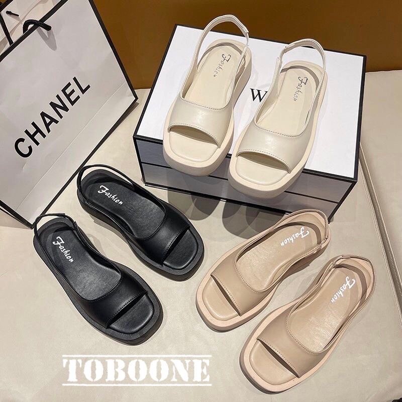 พร้อมส่งจากไทย 【3688  】รองเท้าแตะส้นตึกแบบสวมสายคาดข้อเท้าสีพื้นงานเรียบหรูสไตล์เวิคกิ้งวูแมน TOBO