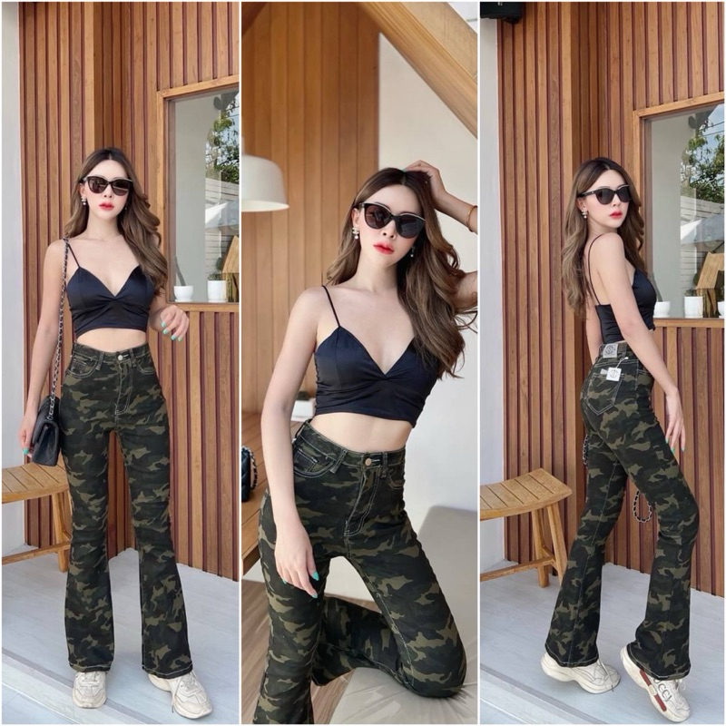 MOODY8060 กางเกงยีนส์ขายาวทรงขาม้า ลายทหาร แพทเทิร์นเป๊ะ S-6XL