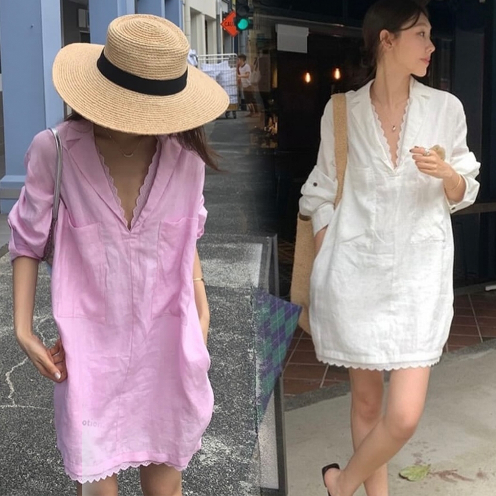 W520 ชุดเดรส เสื้อเชิ้ตผู้หญิง เดรสเกาหลีน่ารักๆ เชิ้ตแขนสั้นสไตล์เกาหลีสไตล์ฝรั่งวินเทจสลิมมิ่ง