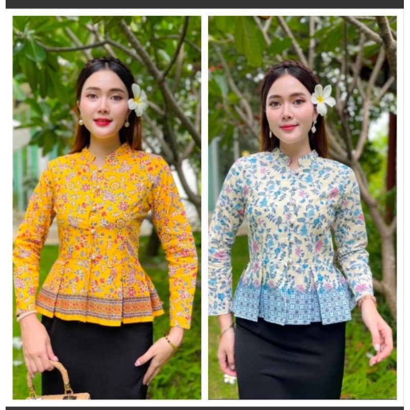 เสื้อผ้าไทยปาเต๊ะลายพัดแขนยาวคอจีนไม่อัดกาว