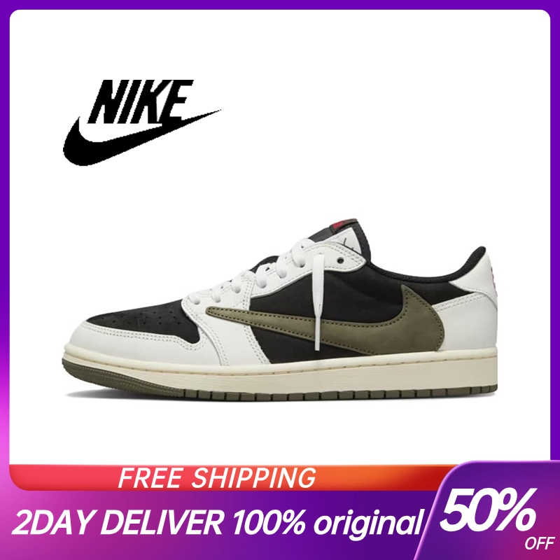【ส่วนลดเวลาจำกัดสำหรับผลิตภัณฑ์ของแท้】Nike Travis Scott x Jordan Air Jordan 1 รองเท้าผ้าใบสำหรับผู้ชาย และผู้หญิง