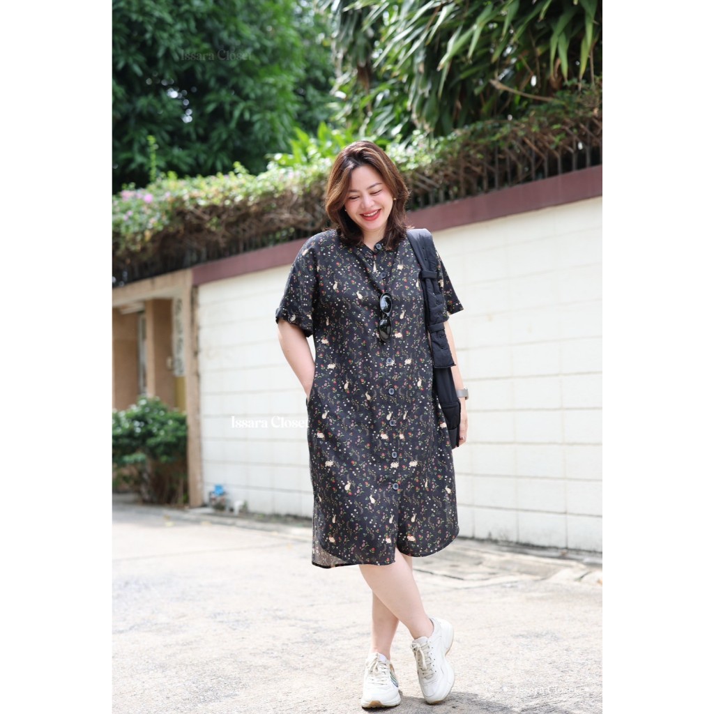 Dress ลินิน-Silk รุ่น Butter #ลาย Moon Black