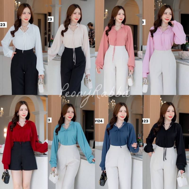 พร้อมส่ง #8123 เสื้อแขนยาวผู้หญิง ผูกโบว์ ทรงสวย ผ้าดี ใส่สบาย เสื้อทำงานผู้หญิง สไตล์เกาหลีนำเข้า