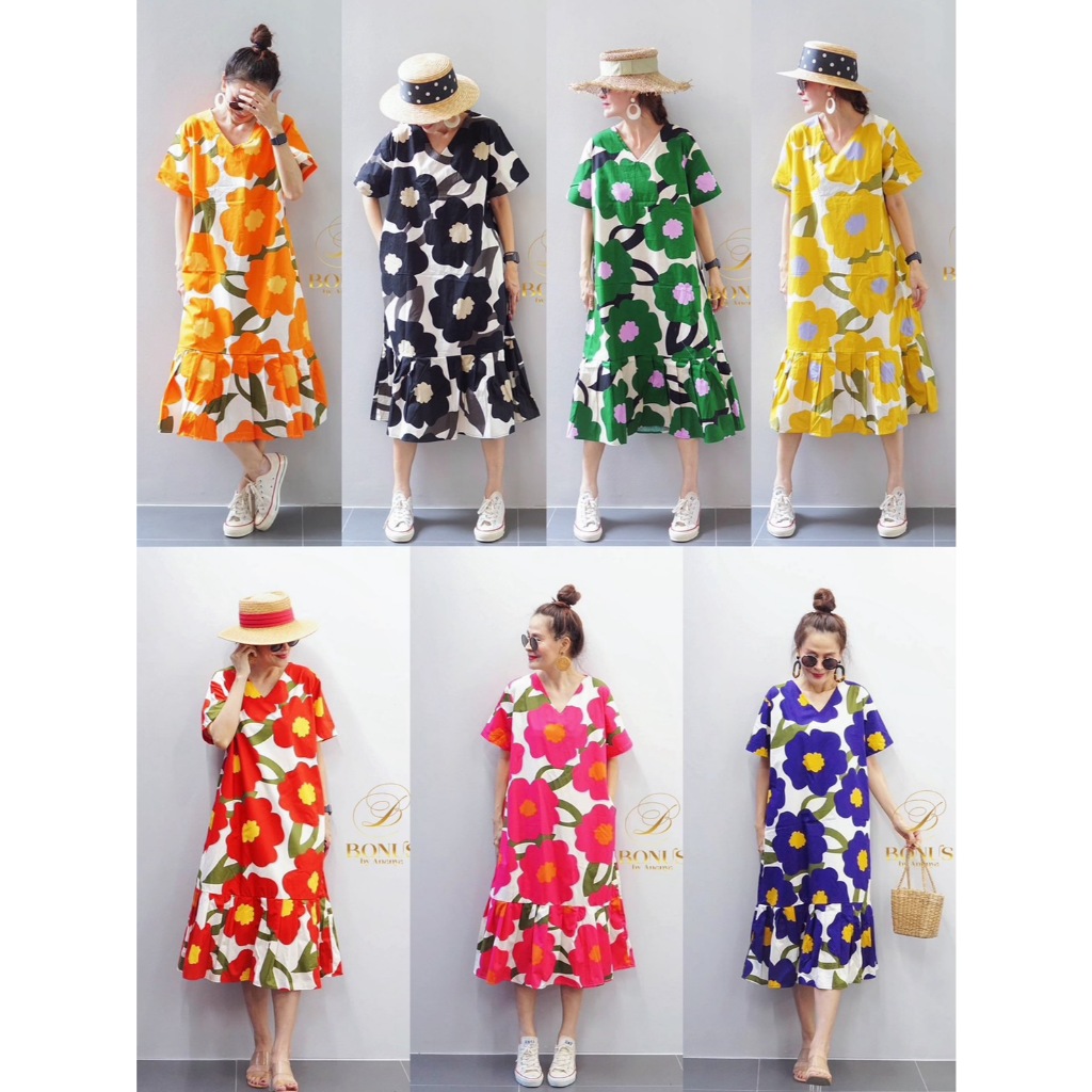 BONUS [dress] 4.3 ชุดเดรสคอวีผ้าคอตตอนญี่ปุ่น100% พิมพ์ลายดอกไม้สีสันสดใส ดีไซด์ทรงสวยมีระบายชายกระโปรง สาวไซส์อวบใส่ได้