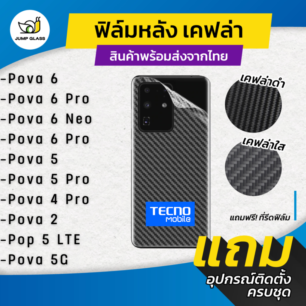 ฟิล์มหลังเคฟล่า สำหรับรุ่น Tecno Pova 6 Pro, Pova 6 Neo, Pova 5 Pro, Pova 5G, Pova 4 Pro, Pova 4, Po