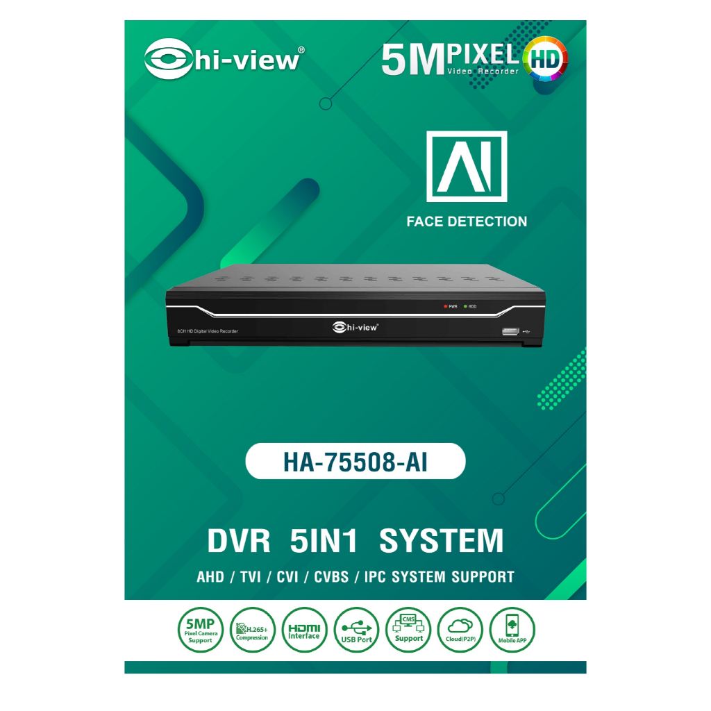 Hi-view เครื่องบันทึกภาพกล้องวงจรปิด DVR 8CH 5MP รุ่น HA-75508-AI
