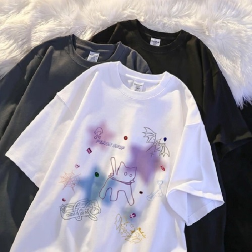 Top.street เสื้อยืด ลายการ์ตูนน่ารักหลวม แขนสั้น คอกลม oversize t shirt ใส่สบาย เสื้อระบาย สไตล์เกาหลี unisex