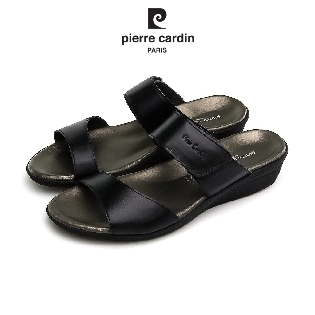 Pierre Cardin รองเท้าผู้หญิง รองเท้าแตะ รองเท้าแตะส้นแบน นุ่มสบาย ผลิตจากหนังแท้ สีดำ รุ่น 27WS442