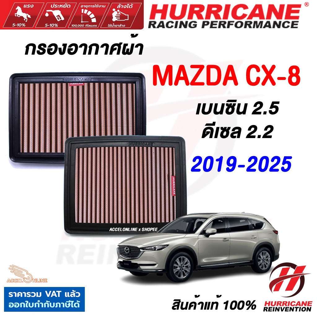 Hurricane กรองอากาศ Mazda CX-8 เบนซิน 2.5, ดีเซล 2.2 ใส้กรองอากาศ ล้างได้ เพิ่มแรงม้า มาสด้า CX8