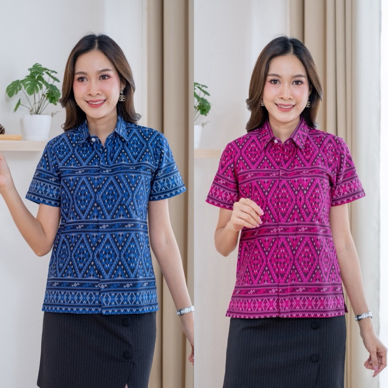 เสื้อเชิ้ตหญิงพิมพ์ลายลายแพรวา แต่งกระเป๋าหน้า ทรงสวย