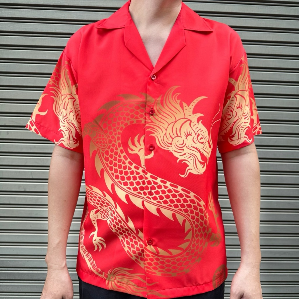 เสื้อเชิ้ตฮาวาย ผ้าไหมอิตาลี ลายมังกรทอง