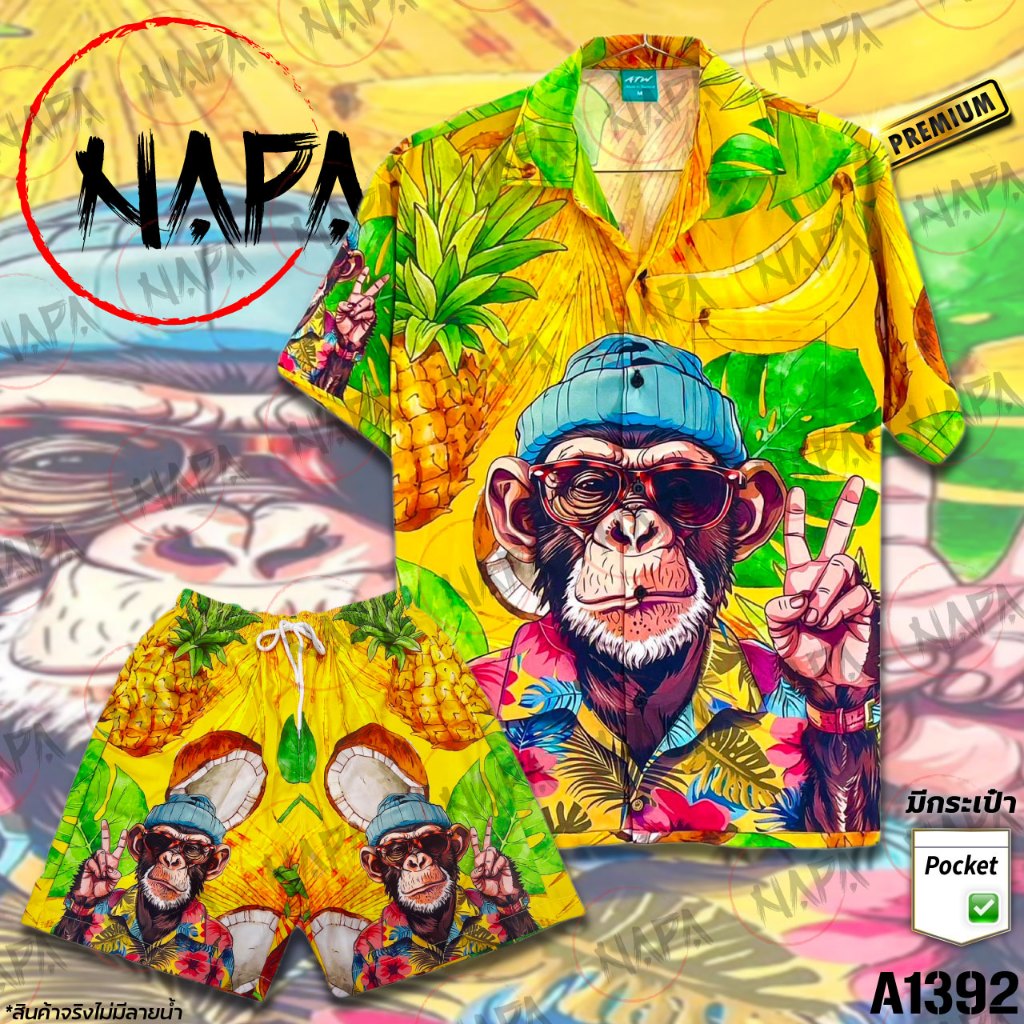 เสื้อฮาวาย ลิงแว่นชูสองนิ้ว A1392 ผ้าไหมอิตาลีแท้