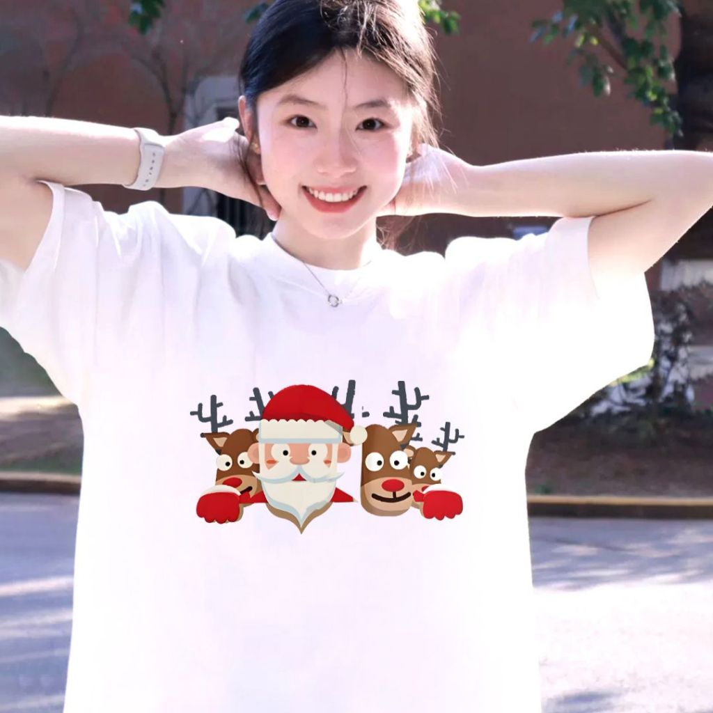 Y-T เสื้อยืดแขนสั้น ผ้าฝ้าย 100% เสื้อยืดคู่รัก ไม่หดตัว สวมใส่สบาย คุณภาพสูง พิมพ์ "ซานตาคลอส"