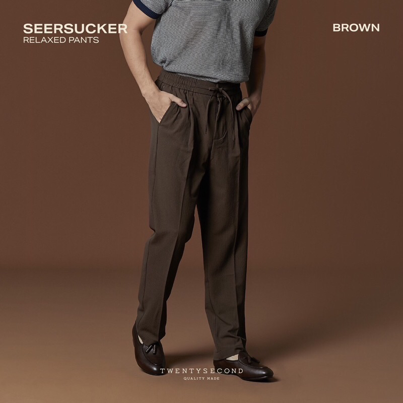 TWENTYSECOND กางเกงขายาว ผ้า Seersucker เอวยางยืด รุ่น Seersucker Relaxed Pants - น้ำตาล / Brown