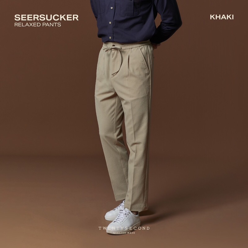 TWENTYSECOND กางเกงขายาว ผ้า Seersucker เอวยางยืด รุ่น Seersucker Relaxed Pants - กากี / Khaki