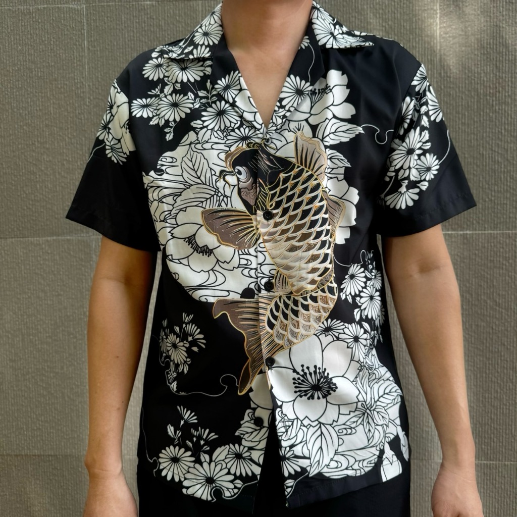 เสื้อเชิ้ตฮาวาย ผ้าไหมอิตาลี ลายปลาคาร์ฟ แนวญี่ปุ่น ลายเข้มเนื้อนุ่ม ใส่สบาย