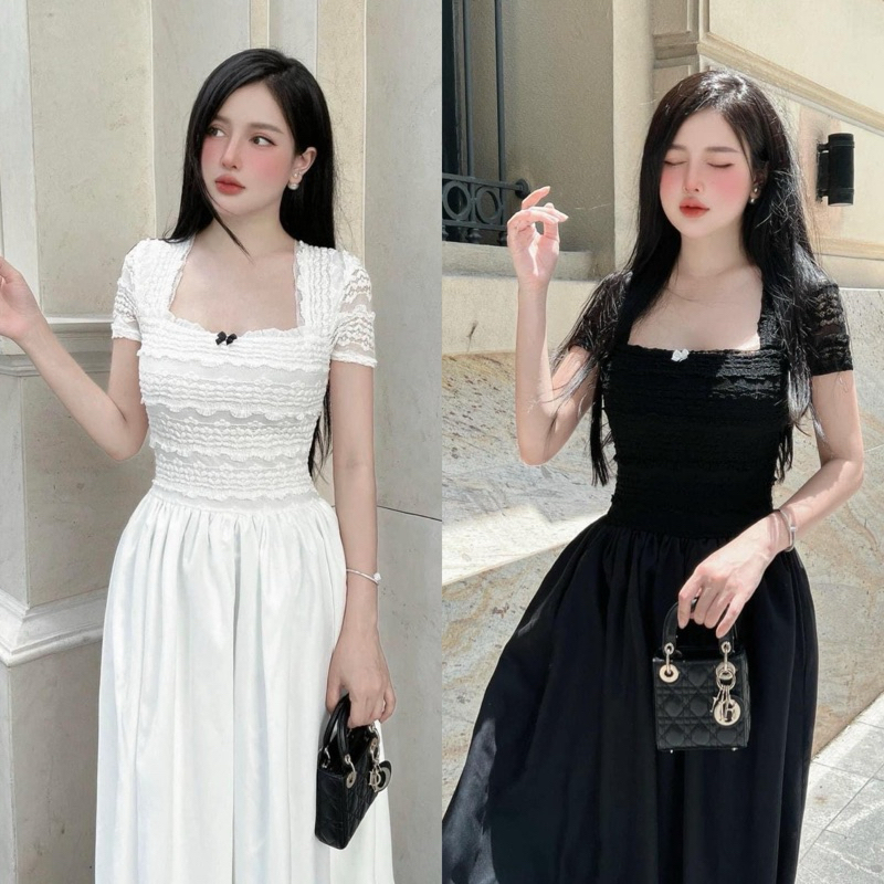 Teera❤️พร้อมส่ง✨เดรสผ้าลูกไม้ยืด แต่งโบว์กลางอก🎀ลุคดูสวยแพงแบบตะโกน ซิปหลัง goodluck