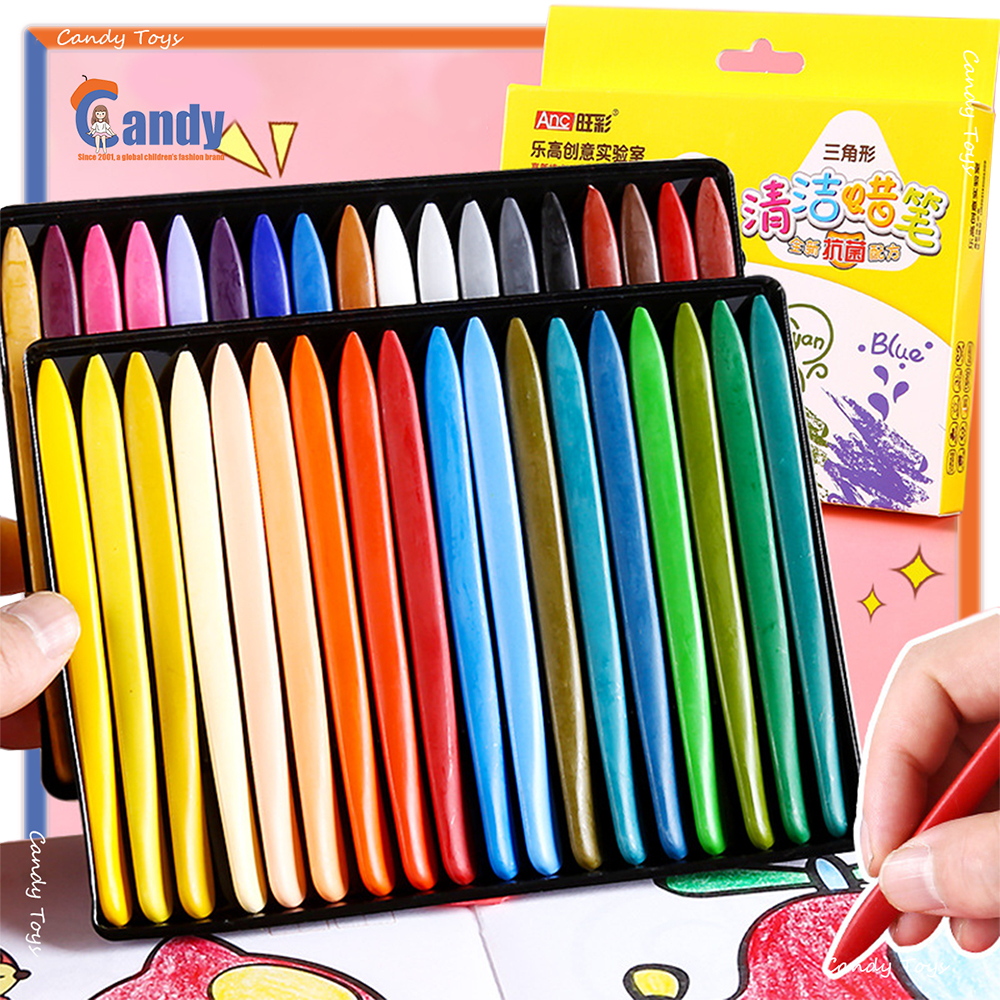 สีเทียนปลอดสารพิษ 12/18/24/36สี เด็กมือไม่สกปรกดินสอสีกราฟฟิตีภาพวาดสีน้ำมันแท่งสามเหลี่ยมล้างทำความสะอาดได้ดินสอสีพลาสต