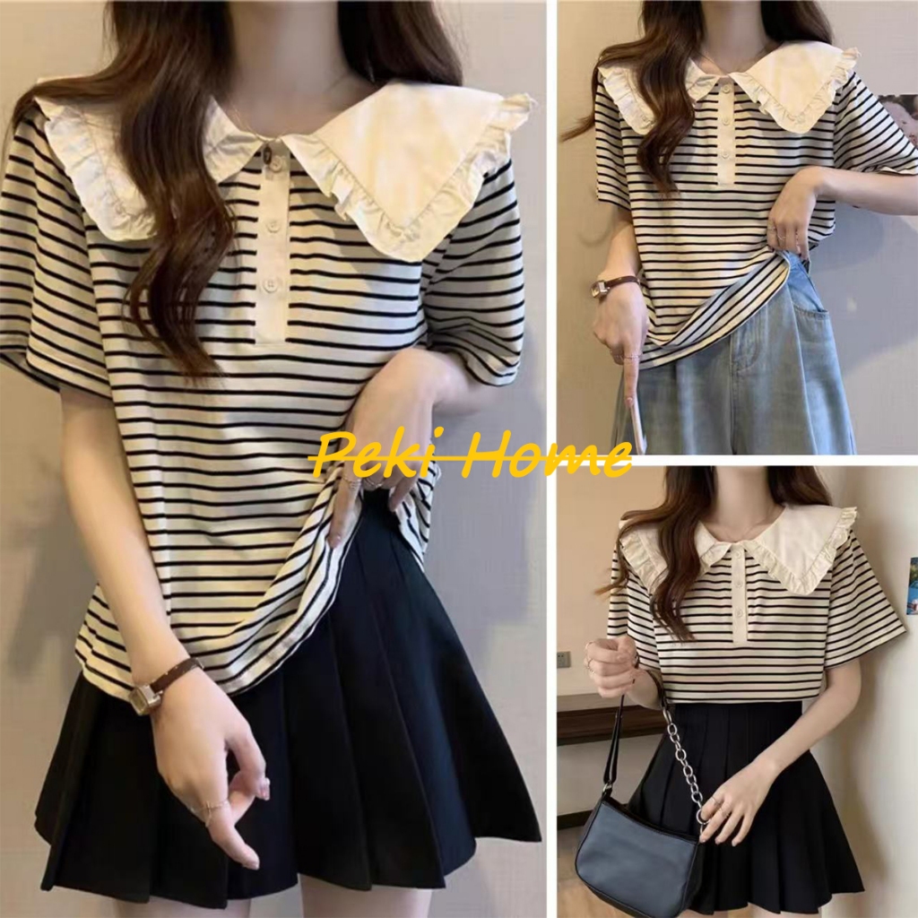 พร้อมส่ง เสื้อยืดแขนสั้นคอปีกผ้าลายทาง สไตล์ลุคเกาหลี