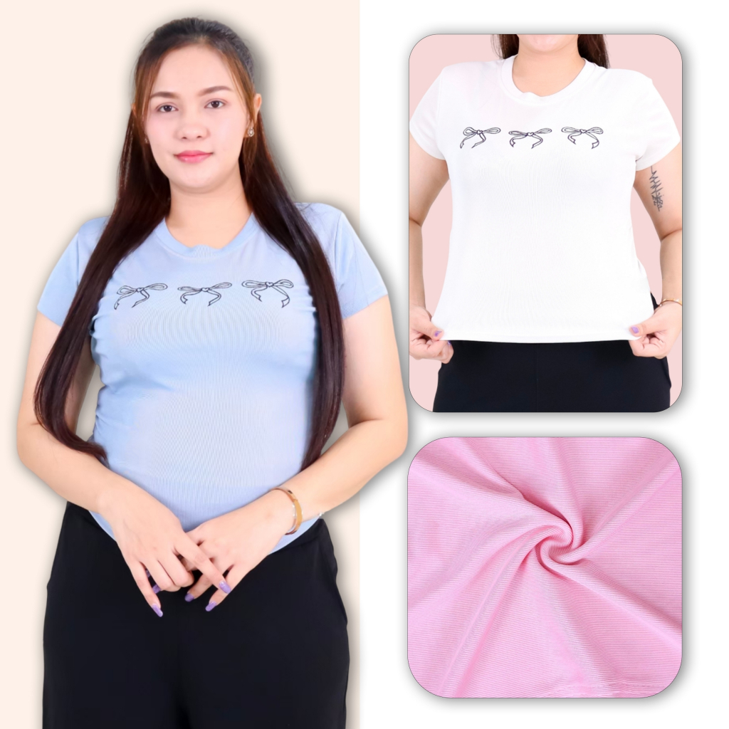 402-2xl# เสื้อยืด คอกลม แขนสั้น ไซส์ใหญ่ ปักลายโบว์ ผ้าร่องเล็ก สาวอวบ สาวพลัสไซส์ใส่ได้