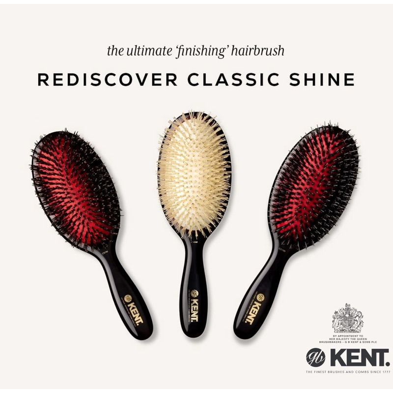 KENT (แถมแปรงทำความสะอาด) หวีแปรงขนหมูป่าดำ Classic Shine Pure Black Bristle Hairbrush แท้100%