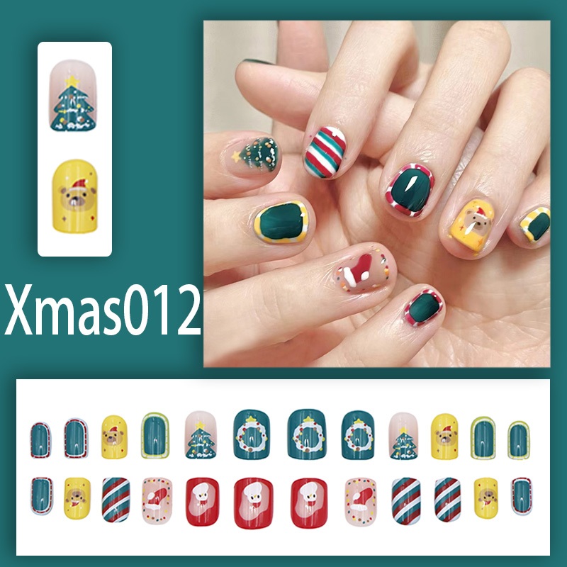 คริสต์มาส ปีใหม่สีแดงเล็บปลอมสำเร็จรูป 24 ชิ้น[R012]