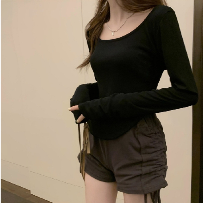 MISSYO เสื้อยืดแขนยาวผู้หญิง เสื้อลำลองไม่สม่ำเสมอ ผ้านุ่ม สบาย มี 4 สีให้เลือก ราคา ถูกที่สุด ดีลบีเคเค แกลเลอรีภาพที่ 4