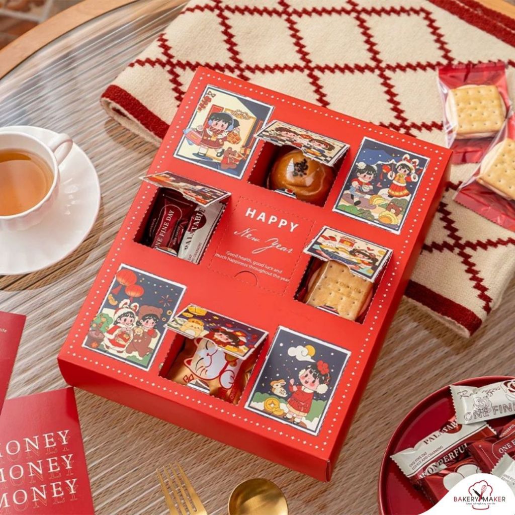 HAPPY NEW YEAR เซ็ทกล่อง 9 ช่อง+ถุงหิ้ว เจาะหน้าต่าง 1 ชุด กล่องคุกกี้
