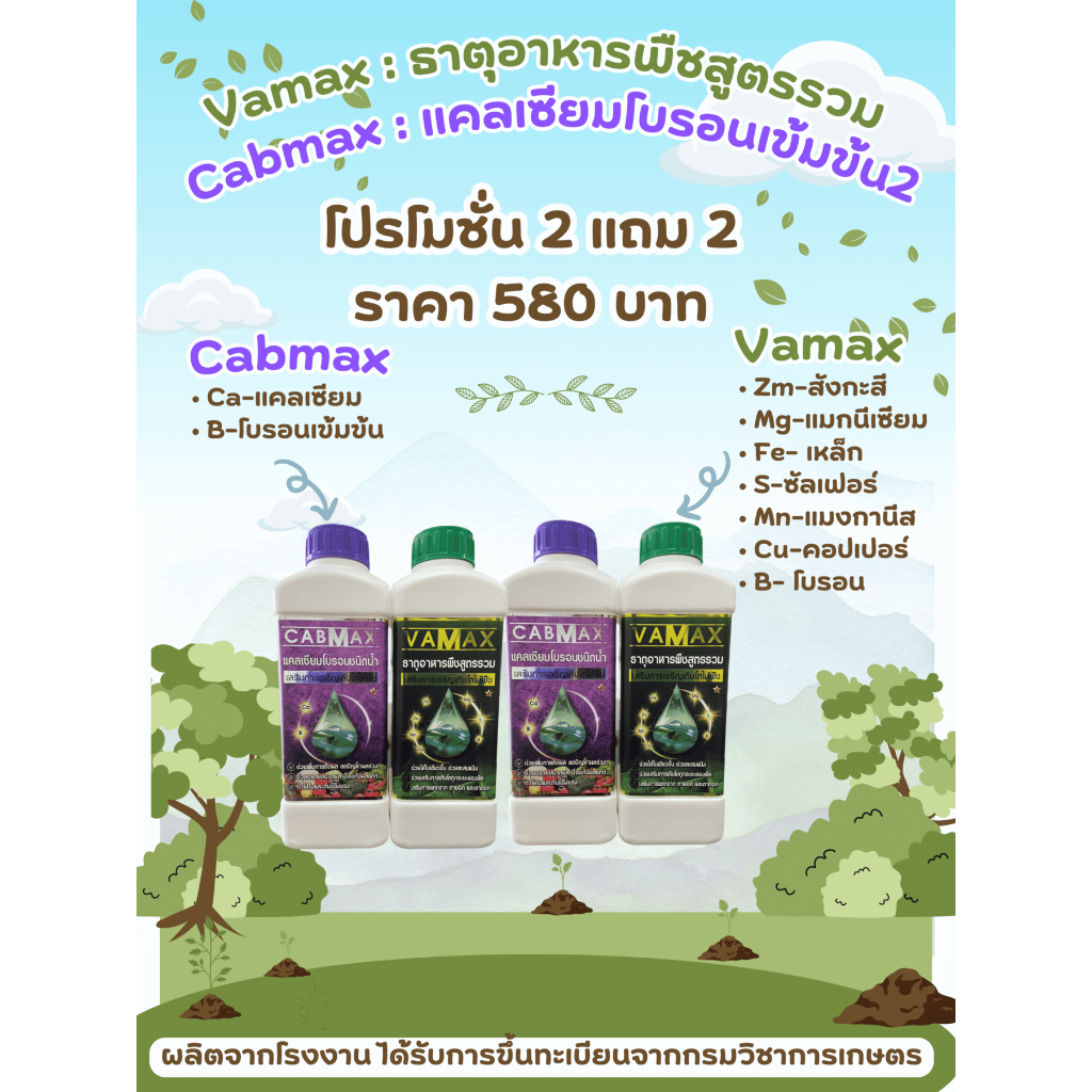 ชุด 2 แถม 2 Cabmax แคลเซียมและโบรอนเข้มข้น + Vamax ธาตุอาหารรวมเข้มข้นราคาโรงงาน