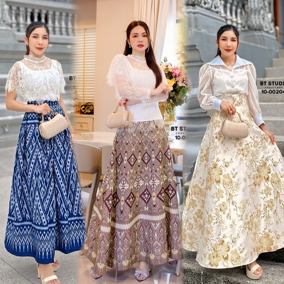 S-XL ชุดไทยประยุกต์ เสื้อลูกไม้สีขาว+กระโปรงพิมพ์ลายไทย #BTstudio
