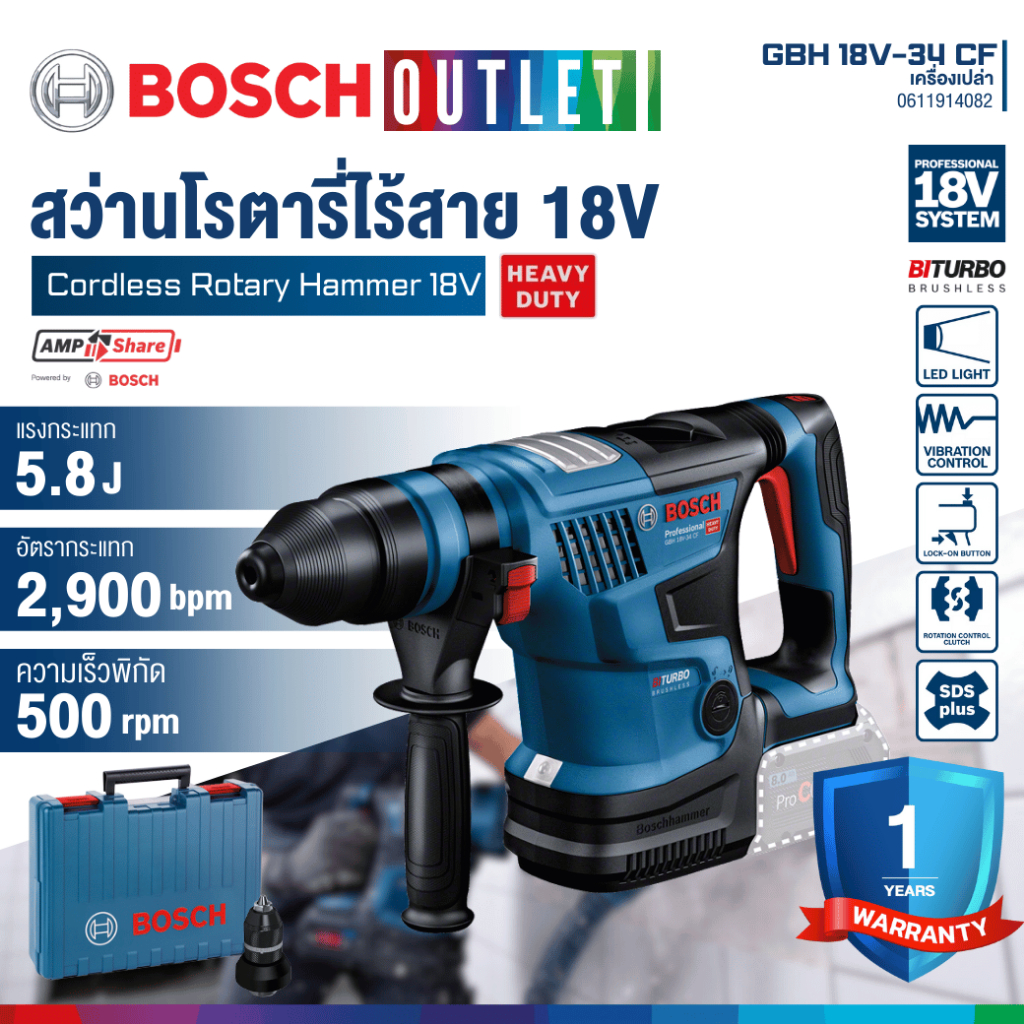 BOSCH GBH 18V-34 CF สว่านโรตารี่ไร้สาย BITURBO พร้อมระบบ SDS plus 18V