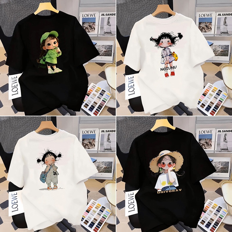เสื้อยืดแขนสั้นผู้หญิง เสื้อยืดคอกลม พิมพ์ลาย หลวม ดีไซน์คลาสสิค ผ้านุ่มใส่สบายใส่ง่าย แบบหลวมช่วยให้ดูเพรียว