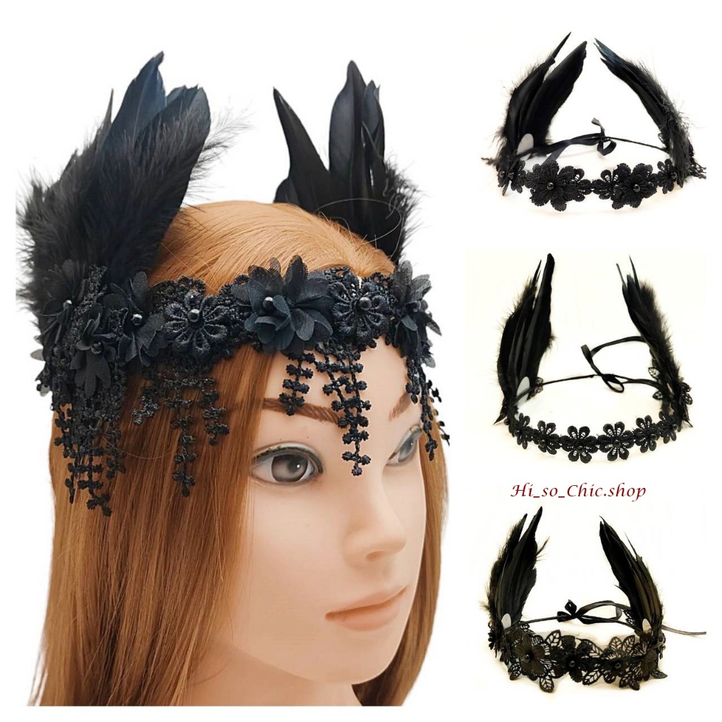 ที่คาดผม เครื่องประดับผม มงกุฎขนนก มงกุฎนางฟ้า ขนนกสีดำ แนวแกสบี้ (ราคาต่อชิ้น)