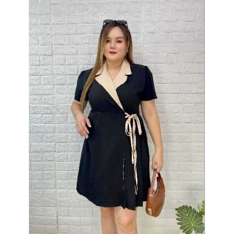 ชุดเดรสสาวอวบ,สาวพลัสไซส์,ชุดเดรสแฟชั่น ดีไซน์เสื้อผูกเอวด้านข้าง(ผ้าไหมอิตาลี) Miss M.A.Closet