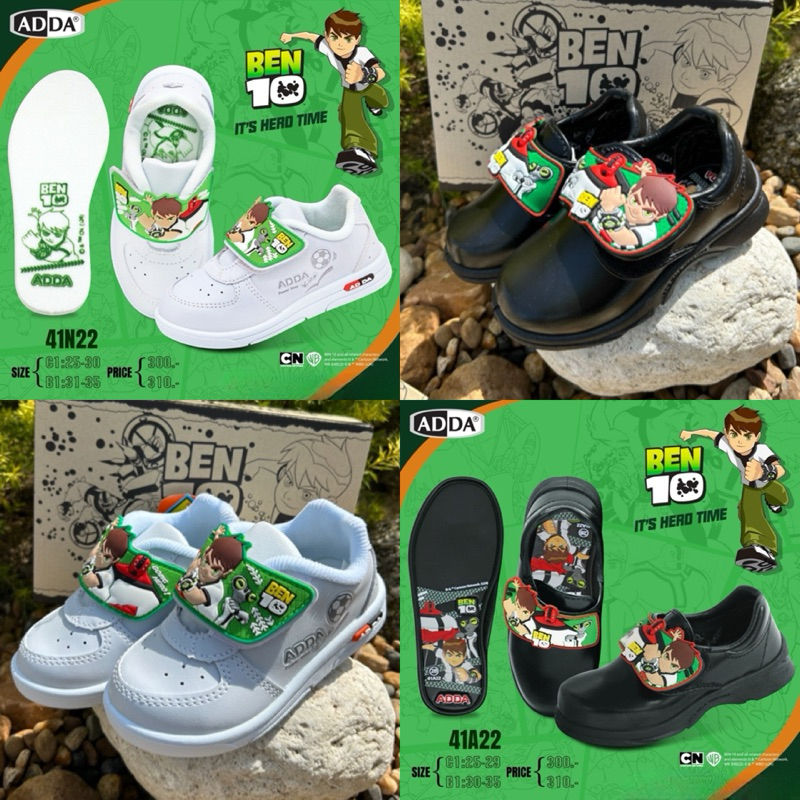 💦พร้อมส่ง💦ADDA รุ่น เบ็น เท็น BEN 10 ลิขสิทธิ์แท้ 100% ลายเบ็น เท็น แอ๊ดด้า ผ้าใบสีขาว หนังดำ พละ อนุบาล เด็กผู้ชาย