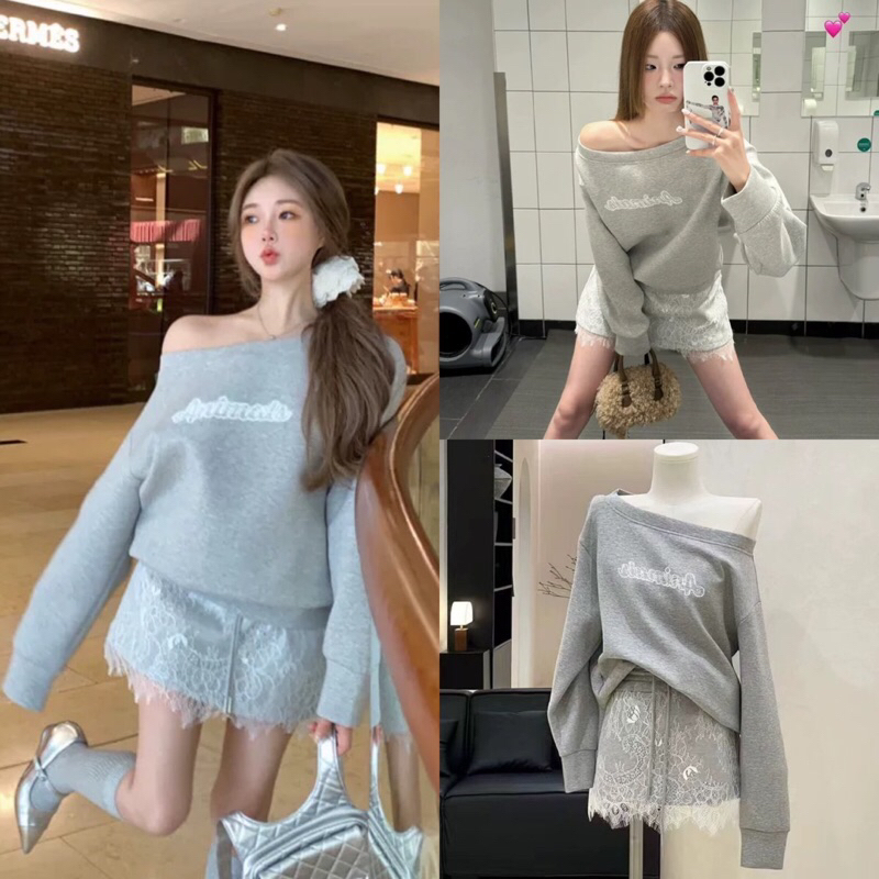Set2pcs.เสื้อแขนยาว+กระโปรงสั้นต่อลูกไม้รุ่น 1323 TAG: