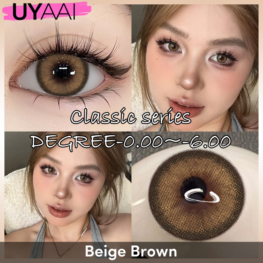 UYAAI Beige สีน้ำตาลคอนแทคเลนส์ 1 คู่ค่าการมองเห็น 0.00 ~-6.00 คอนแทคเลนส์รายเดือนชุดน้ำเนื้อหา 42% เส้นผ่านศูนย์กลาง 14