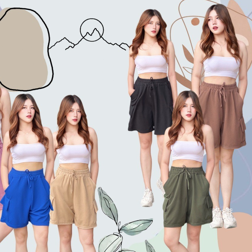 างเกงขาสั้นผู้หญิง สีทึบ เอวยางยืด นิ่ม มีเชือกผูกได้ ใส่สบาย K5558