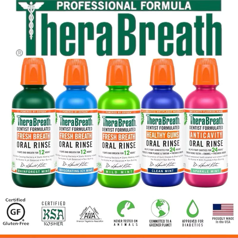 📦Package แท้นำเข้า🇺🇸 TheraBreath น้ำยาบ้วนปาก สูตรปราศจากแอลกอฮอล์ 12-Hour Fresh Breath Oral Rinse, Mild Mint,16.0 fl oz