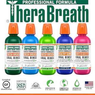 📦Package แท้นำเข้า🇺🇸 TheraBreath น้ำยาบ้วนปาก สูตรปราศจากแอลกอฮอล์ 12-Hour Fresh Breath Oral Rinse, Mild Mint,16.0 fl oz