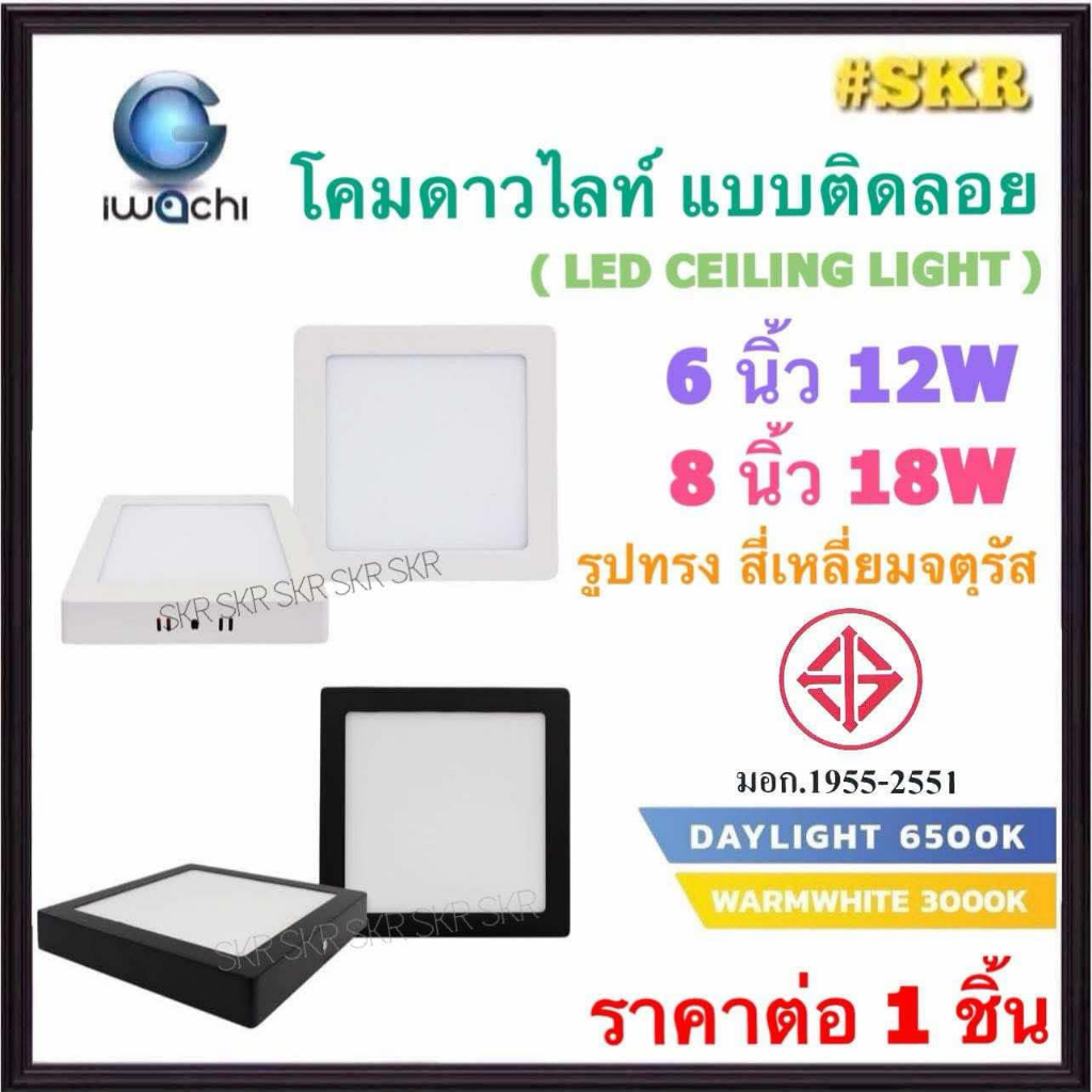 IWACHI โคมติดลอย สี่เหลี่ยม ขอบขาว ขอบดำ 6นิ้ว 12W 8นิ้ว 18W โคมเพดาน โคมไฟติดลอย โคมดาวไลท์ โคมซาลาเปา โคมดาวน์ไลท์