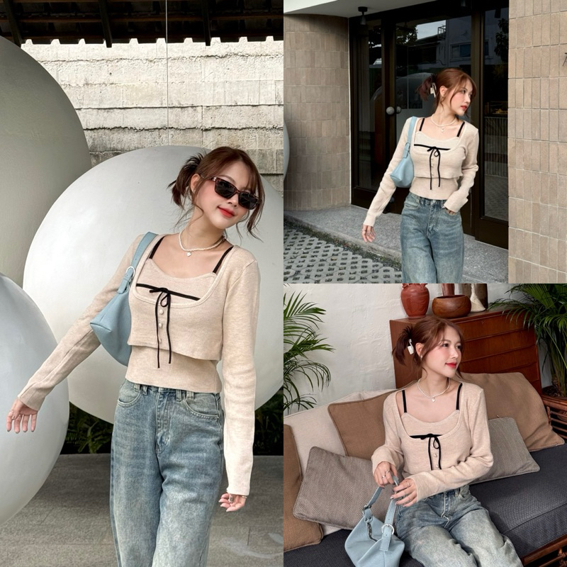 M04-เสื้อ2ชิ้นสายเดี่ยวกับแขนยาวครอป ไหมพรม น่ารักมาก