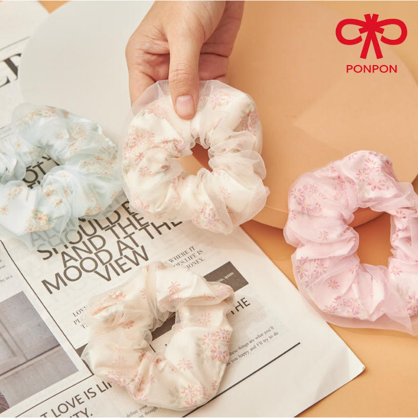 PONPON ยางรัดผมผ้าลูกไม้ หลากหลายสีสัน ไม่ทำร้ายเส้นผม ดีไซน์หวานละมุน