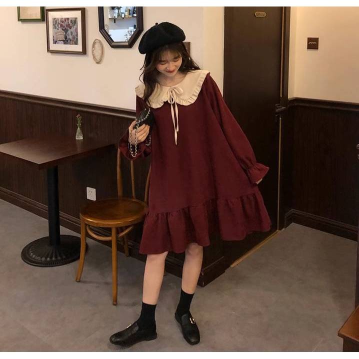 Intelscore 🍄ชุดสตรีสีแดง คอตุ๊กตา เดรสสั้นสไตล์เรโทร เดรสผ้าลูกฟูกสีแดง ชุดปาร์ตี้ ชุดเทศกาล~ - รูปที่ 3