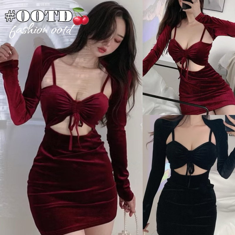 ชุดเซ็ท Sexy (พร้อมส่ง ) ชุดเดรสคาร์ดิแกน สุดเซ็กซี่ ผ้ากํามะหยี่ รัดรูป 2 ชิ้น 8842