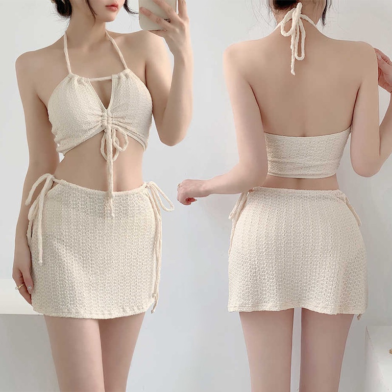 👙Dreehalo👙 บิกินี่ 3 ชิ้น เอวสูง sexy น่ารัก เกาหลี สีขาว ชุดว่ายน้ํา ผ้าเนื้อดี
