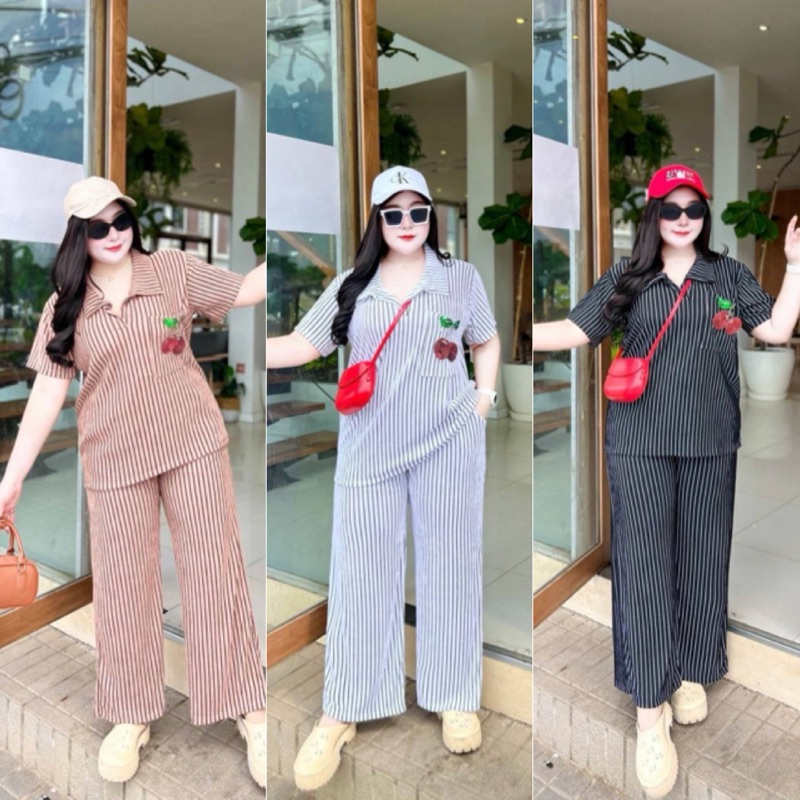 ชุดเซ็ตสาวอวบอ้วน คอปกริ้วขายาว ผ้าท๊อฟฟี่ อก50“เอว34-50”สะโพก54“