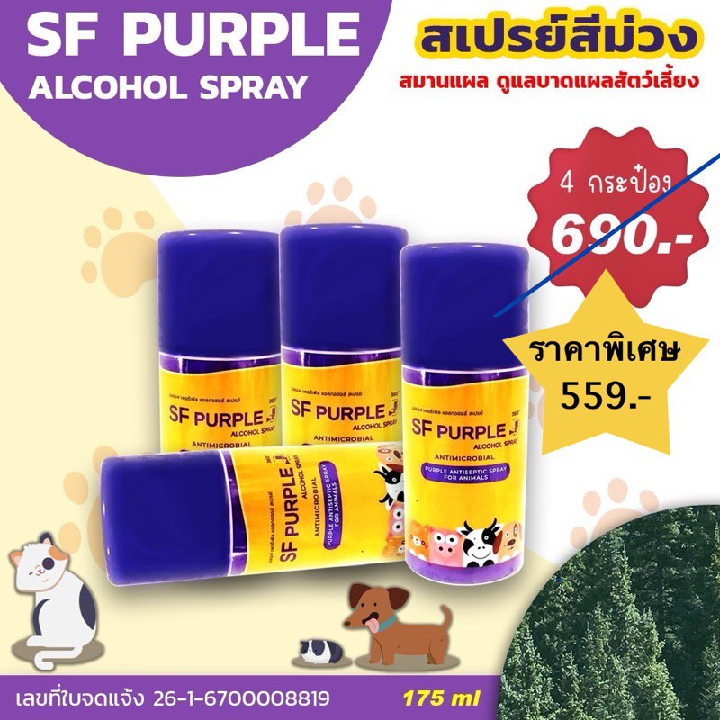 [New] Set 4 กระป๋อง สเปรย์สีม่วง SF PURPLE Alcohol spray สมานแผล ดูแลบาดแผลสัตว์เลี้ยงทุกชนิด