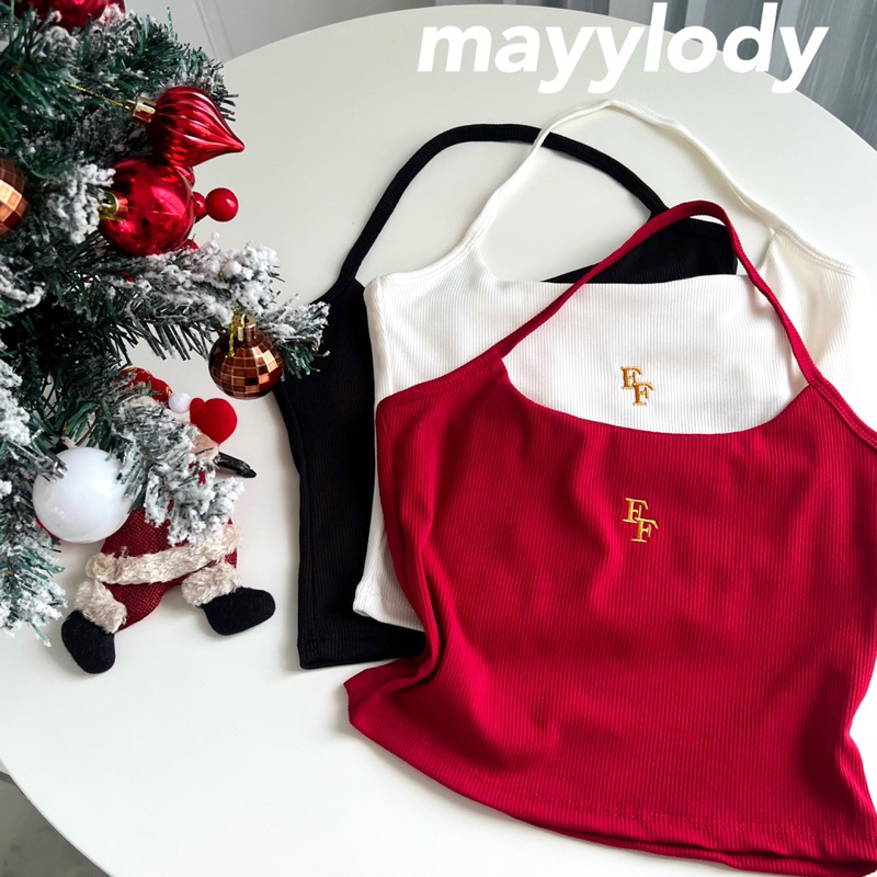 mayylody #เสื้อสายเดี่ยว ปัก FF #เสื้อคล้องคอ สุดฮิต สไตล์เกาหลี ดีเทลปลายชายเฉียง สายเดี่ยว อก-34 นิ้ว